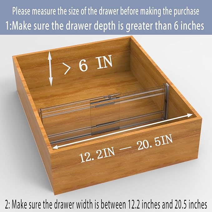 8 Pack Adjustable Drawer Dividers for Clothes,6" High Expandable From 12-20" Clear Drawer Organizers, PC Plastic Separators for Dresser/Bedroom/Bathroom/Kitchen/Office Storage