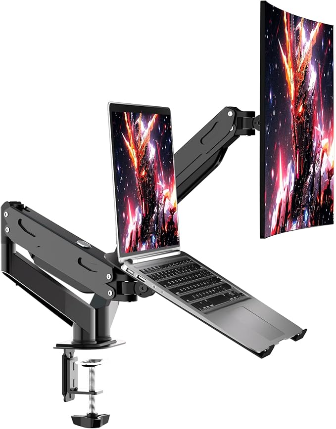 Pholiten Monitor and Laptop Mount for Max 32" Screen and 17" Notebook, Dual Monitor Mount Holds up to 22lbs, Laptop Tray Stand with Gas Spring Arm, VESA 75x75mm 100x100mm