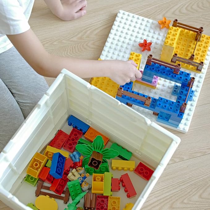 SHIMOYAMA Plastic Foldable Kid Storage Box, 25L Storage Toy Bins with Building Base for Duplo Bricks, 26Qt. Toy Chest for Duplo Blocks, White
