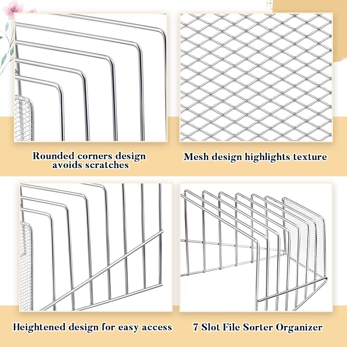 2 Pcs 7 Section Wire File Organizer for Desk, Metal Mesh Incline File Holder, Letter & Magazine Folder Rack, Desktop Paper Sorter for Home Office Back to School (Silver)
