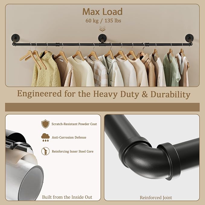 Wall Mounted Clothes Rack, Industrial Pipe Clothing Rack 60 Inch Black, Wall Clothes Hanger for Bedroom, Cloakroom, Closet, Hallway, Boutique Display, Drying Racks Wall-Mount for Laundry