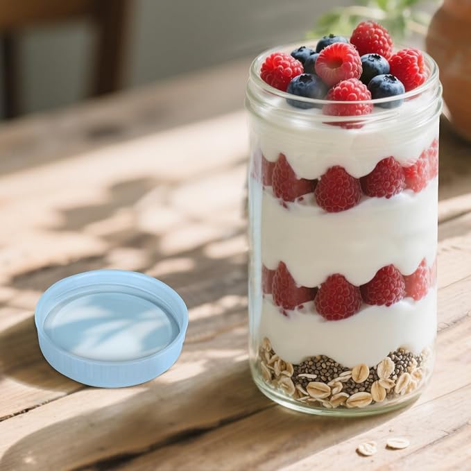SHOWIN Overnight Oats Containers with Lids, 24oz Glass Jars with Lids 2 pcs, Light Blue, Wide Mouth Mason jars for Salad, Yogurt, Snacks, Meal Prep