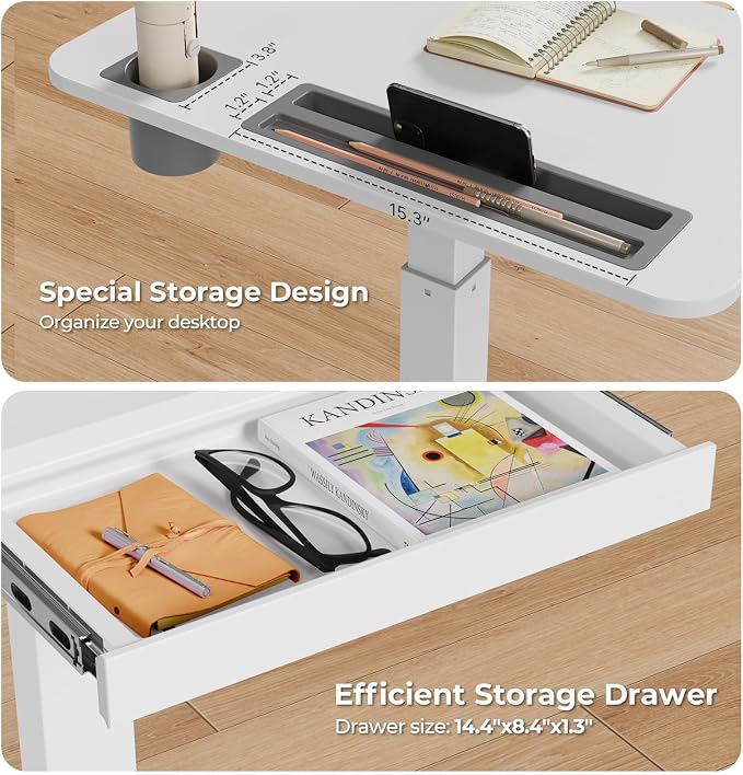 28" Mobile Standing Desk with Drawer, Portable Laptop Desk | Rolling Desk with Cup Holder & Hooks, Height Adjustable Computer Cart on Wheels for Classroom, Study Desk with Storage, White