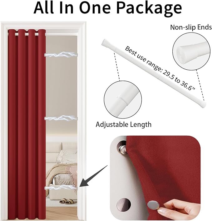 Vatge Magnetic Door Curtain with Rod, Closet Curtain for Open Closet, Temporary Door for Pantry and Hallway, 1 Panel, W42 x L80, Christmas Red