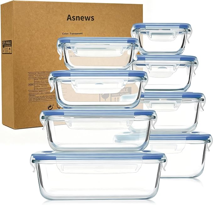 8 Pack Glass Food Storage Containers with Lids(Blue) | Meal Prep Containers with Snap Locking Lids, Airtight Lunch Containers for Microwave, Oven, Freezer and Dishwasher, BPA Free