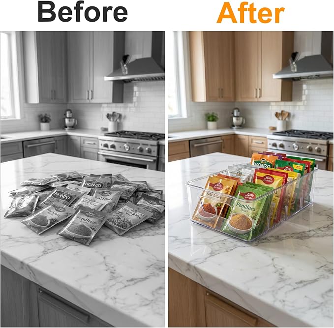 2 Pcs Seasoning Packet Organizer with Detachable Dividers, Storage Organizer Box for Cabinet, Kitchen Snacks Spice Packets Organizer and packet organizer pantry