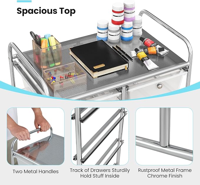Moccha 10-Drawer Rolling Storage Cart - Under Desk Storage Drawers with wheels for Craft Art Supply Paper Salon, Scrapbook Paper Tools, Mobile Utility Cart for Classroom, Clear