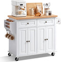 VEVOR Kitchen Island Cart with Storage, 43.7 in Wide Mobile Rolling Storage Island on Swivel Wheels, with 2 Drawers, Storage Cabinet, Spice/Towel Rack, Hooks, Table for Home Dining Room, White