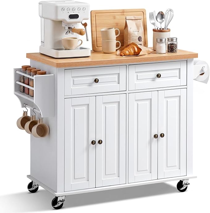 VEVOR Kitchen Island Cart with Storage, 43.7 in Wide Mobile Rolling Storage Island on Swivel Wheels, with 2 Drawers, Storage Cabinet, Spice/Towel Rack, Hooks, Table for Home Dining Room, White