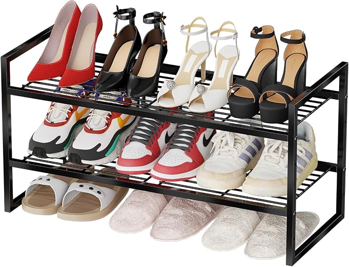 2 Tier Shoe Rack for Closet, 27 Inch Long Square Shoe Storage Organizer for Shelves, Heavy Duty Metal, Easy Assembly Stackable, Black