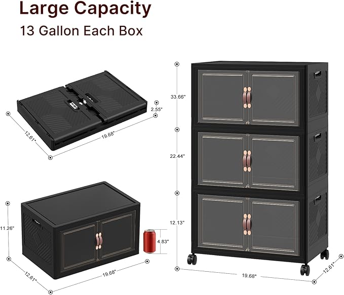 Stackable Storage Bins with Lids, Collapsible Storage Boxes, Foldable Plastic Storage Drawers for Bedroom,Office, Dorm (6, Black, M)