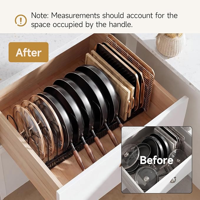 MUDEELA Pot Lids Organizer Rack for Cabinet, Expandable 11.81" to 22.85" Pot and Pan Organizer Holder with 14 Adjustable Dividers, Baking Cookie Sheet Bakeware Cutting Board Kitchen Storage Organizer