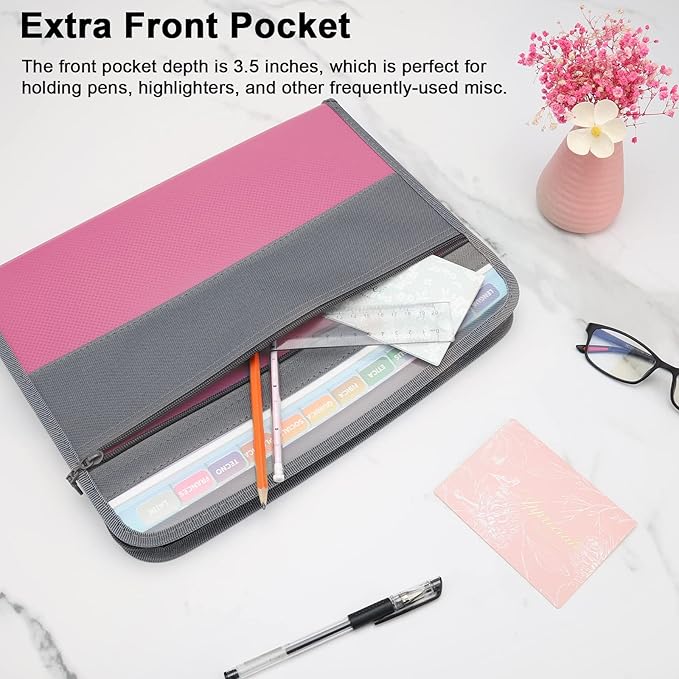 NAFY Expanding File Folders, 2Pack 13 Pockets Document Organizer with Zipper, A4 Letter Size Portable Accordion Expanding File Folders with Multicolor Labels for Office School Supplies (Black+Pink)