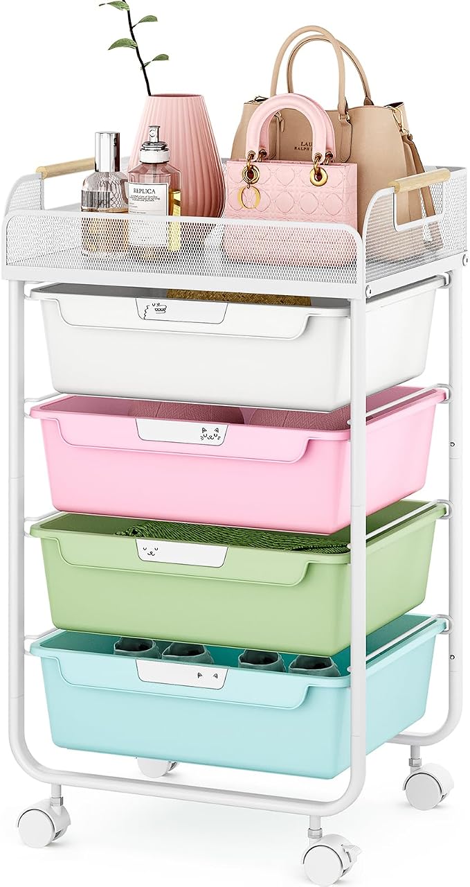 SYKIARIOL 4-Drawer Rolling Storage Cart with Mesh Top, Utility Craft Organizer Cart on Wheels with DIY Labels, Rolling Drawer Cart for Home Office Classroom Bedroom, Colourful