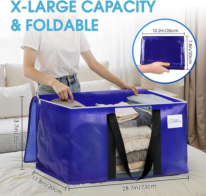 BlissTotes 4 Pack Moving Bags with Clear Window, Storage Bags with Strong Carrying Handles & Zippers,Large Packing Bags for Saving Space, Alternative to Moving Boxes(Blue,20 Gallon)