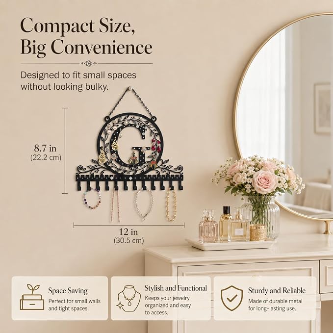 Personalized Wall Mounted Metal Initial Letter G Earring Holder Jewelry Organizer for Earrings and Necklaces Space Saving Wall Display with Hooks Jewelry Storage Bedroom Vanity Gift for Women