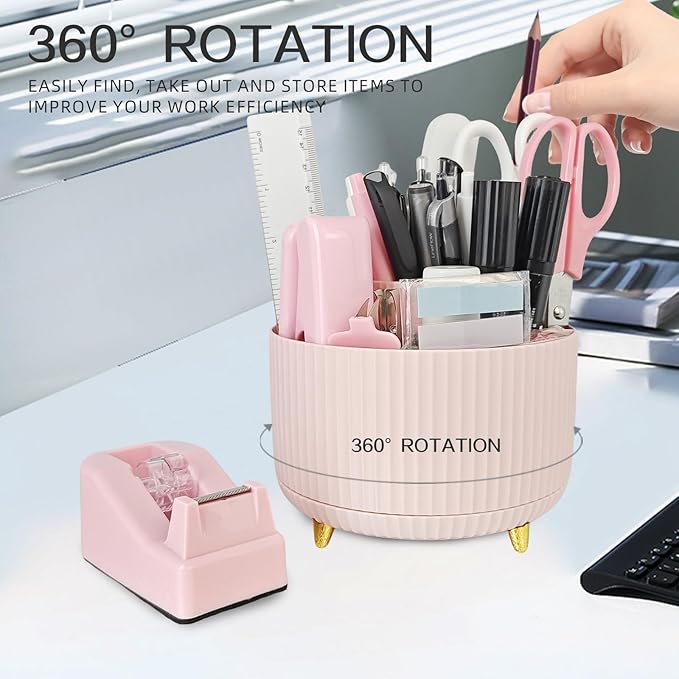 Pink Office Desk Accessories, 15pcs Office Supplies 360°Pen Holder , Stapler, Staple Remover, Tape Dispenser,Tape Refills, Binder Paper Clips Kit, Scissor, Cute Desk Accessories for Women Gift Set