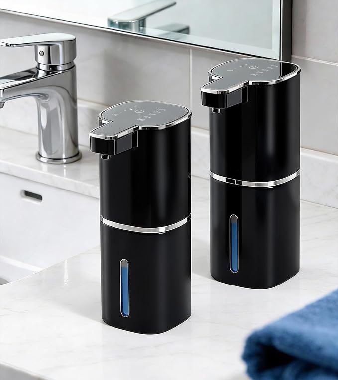 RYTOXILO Automatic Foaming Soap Dispenser Touchless, 2 Pack Black Auto Foam Soap Dispensers for Bathroom and Kitchen, 15 Fl Oz Plastic Electric Dish Foamy Dispensers Wall Mount with 1200 mAh Battery