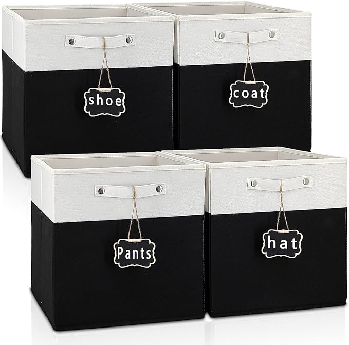 13x15x13 storage cube bins,Set of 4 Collapsible Fabric Storage Cubes with Labels,Linen Cube Storage Organizer Bins Kallax Storage Cubes for Organizing Office,Shelves,Cabinet,Clothes(White Black).