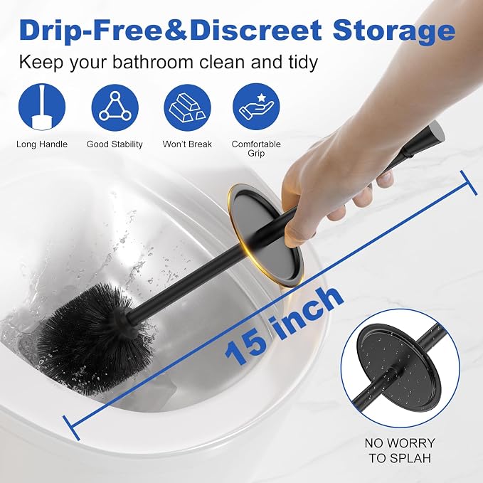 Toilet Brush and Holder Set：304 Stainless Steel Heavy Duty Toilet Bowl Brush，Removable Inner Bowl and Splash Protection，Bathroom Toilet Brush-Dense Bristles for Through Cleaning
