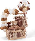 Wooden Baby Shower Crate Closet with Hanger Rack, Brown Bow Baby Gifts Basket with Balloon Accessories, DIY Babies Welcome Box for Pregnancy New Parent