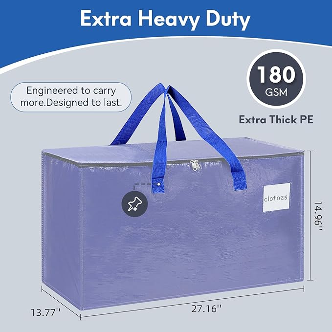 2-Pack Extra-Large Heavy-Duty Storage Totes with Reinforced Handles, Durable Zippers & Waterproof Material — Perfect for Space-Saving, Moving, Shipping and Travel (BlUE)
