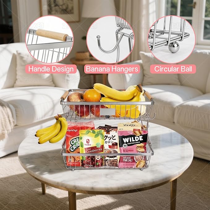 Fruit Basket Bowl 2 Tier Detachable with 2 Banana Hangers, Fruit Stand Holder for Kitchen Countertop, Metal Wire Vegetable Storage Organizer, for Bread Snack Veggies Produce, Chrome