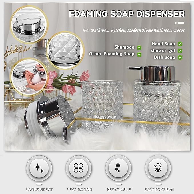 Glass Hand Foaming Soap Dispensers with Silver Pump Refillable Hand Soap Dispenser for Bathroom Kitchen (2Pack-D886+D887)