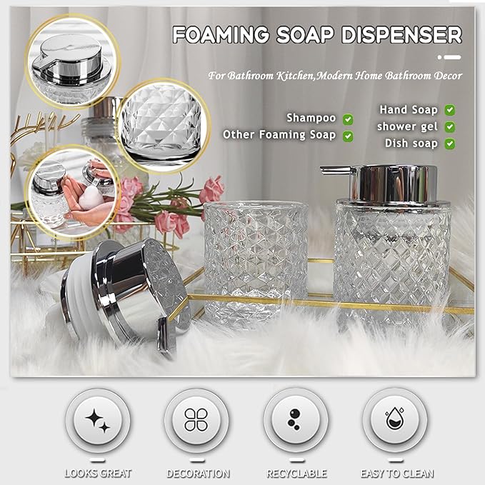 Glass Hand Foaming Soap Dispensers with Silver Pump Refillable Hand Soap Dispenser for Bathroom Kitchen (2Pack-D881+D885)