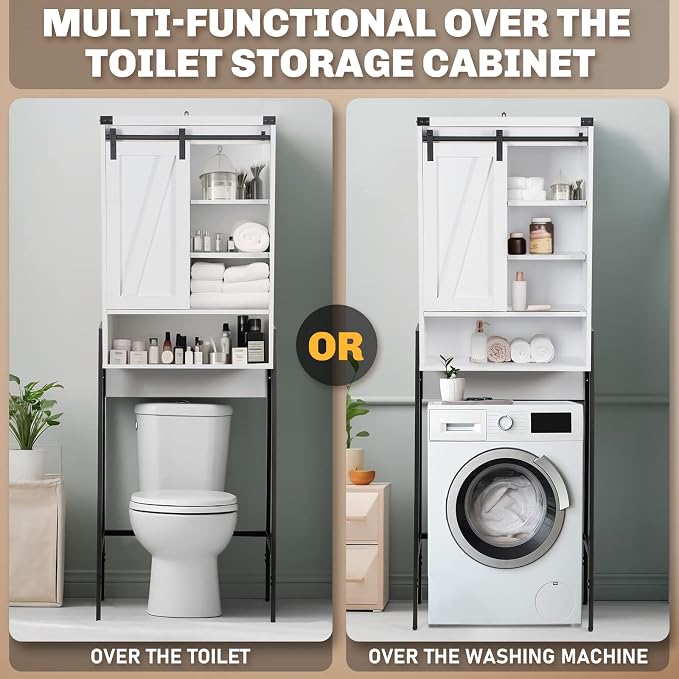 Over Toilet Storage Cabinet with Barn Door & Adjustable Shelves | 24 Inch Wide Bathroom Organizer, Space-Saving, Sturdy Wood, Anti-Tipping, Easy Assembly, for Restroom, Laundry, Small Spaces