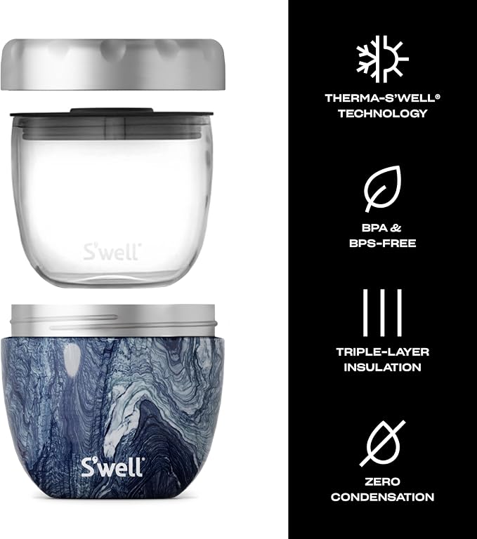 S'well 12821-H20-H64065 Stainless Steel Bowls - 21.5oz - Azurite Marble Eats - Triple-Layered Vacuum-Insulated Containers Keeps Food Cold for 11 Hours and Hot for 7 - Condensation/ Leak-Free