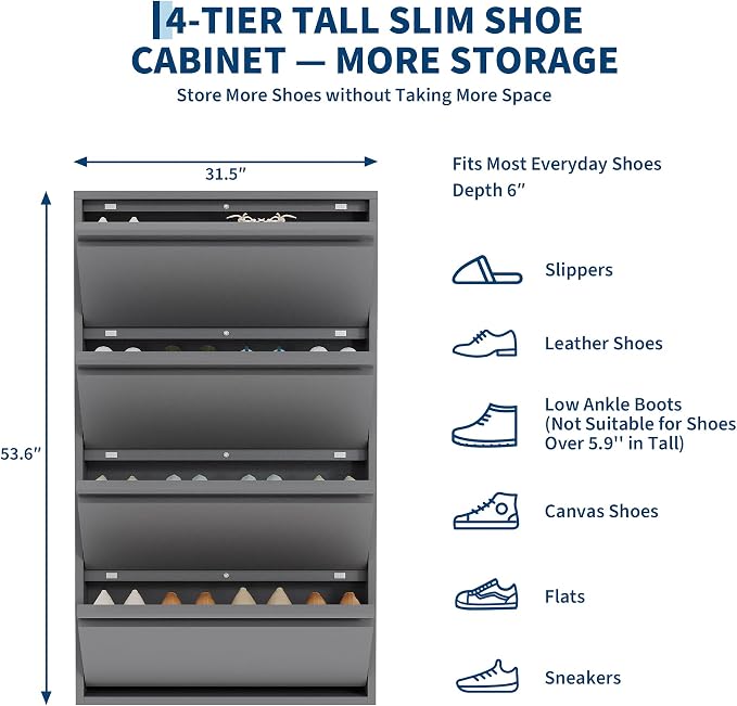 Garvee Slim Metal Shoe Cabinet with 4 Flip Drawers, Narrow Shoe Storage for Entryway, Wall Mounted or Floor Standing, Detachable Bottom Corners for Flexible Placement, Anti-Tip Safety Wall Mount
