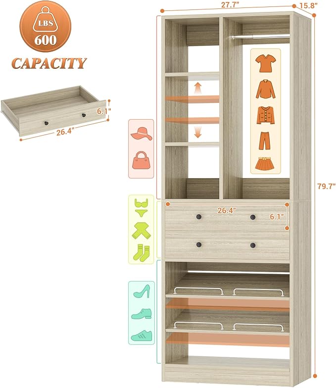 Besiost Small Closet System, 28"/2.3 FT Wood Closet Organizer System with Drawers and Shelves, Walk-in Closets Systems for Small Closets, Freestanding, Greige Oak