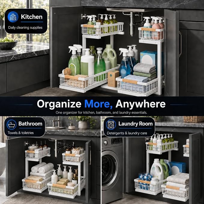 Under Sink Organizer, Pull Out Kitchen Storage Cabinet Organizer, 2-Tier Metal Slide Out Shelf for Bathroom Laundry Kitchen Storage with Drawers, 11.8"W x 15.9"D x 13.8-16.9"H, White, 2 Pack