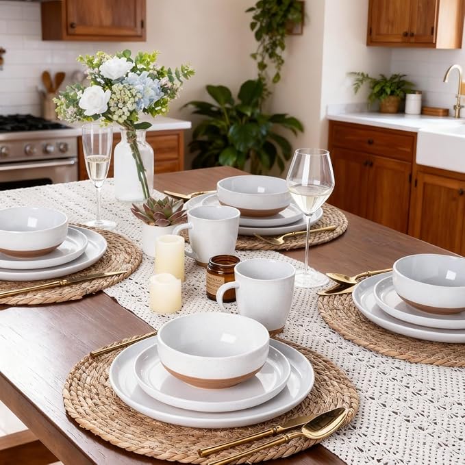 AmorArc Ceramic Dinnerware Sets with Pasta Bowls for 8, Handpainted Plates and Bowls Set with Rustic Terracotta Underside, Scratch Resistant Dishes Set, Dishwasher & Microwave Safe, 32 Pcs