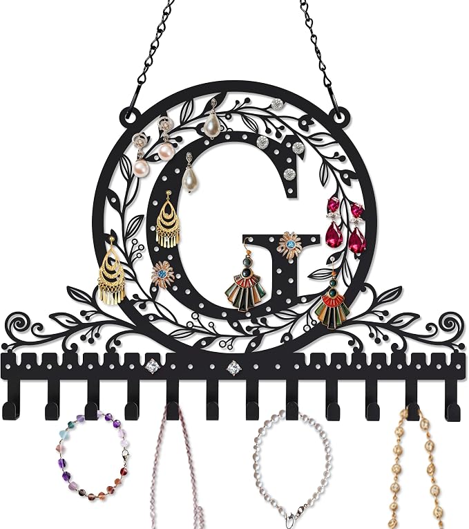 Personalized Wall Mounted Metal Initial Letter G Earring Holder Jewelry Organizer for Earrings and Necklaces Space Saving Wall Display with Hooks Jewelry Storage Bedroom Vanity Gift for Women