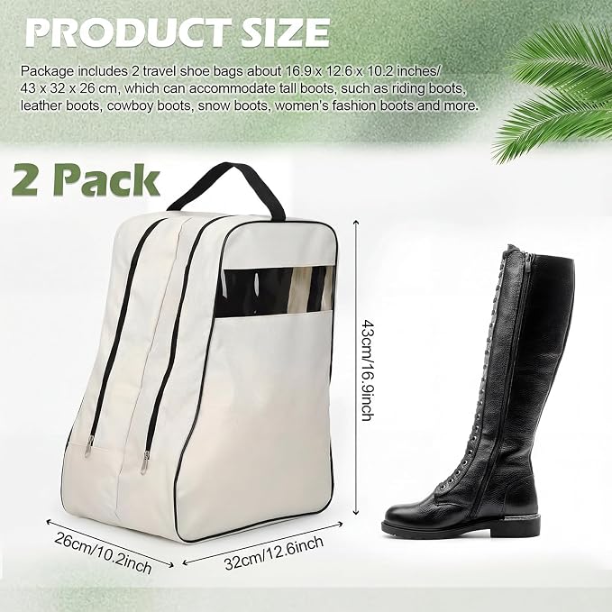 Aliceset 2 Pcs Boot Bags for Cowboy Two Separate Compartments Boots Portable Storage Bag for Travel Long Tube Shoes Bags Men Tall Shoe with Handle for Home Travel (Beige)