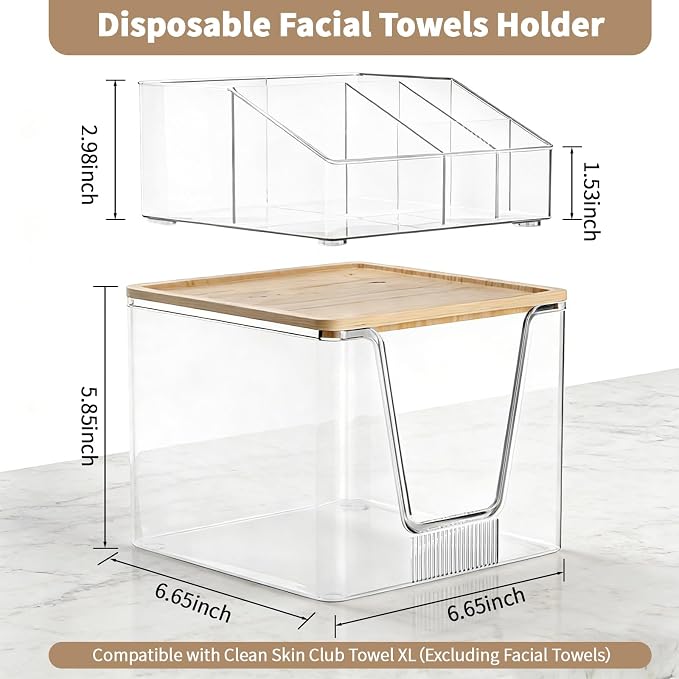 SPOSPO 2 in 1 Disposable Facial Towel Holder and Cosmetic Organizer | Clear Storage with Bamboo Lid Compatible with Clean Skin Club Towel XL, Vanity Organizer for Bathroom Vanity Counter (2 Pack)