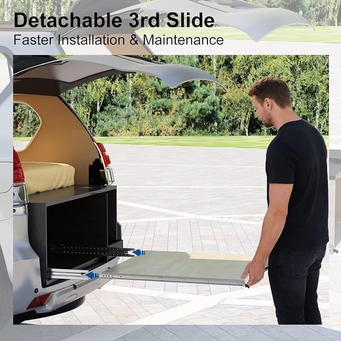 VADANIA #XD76 48" Detachable Locking Heavy Duty Drawer Slide | 3" Widening Up to 330lb Load Capacity, 3-Fold Full Extension, Ball Bearing Lock-in & Lock-Out, Side Mount, 1-Pair