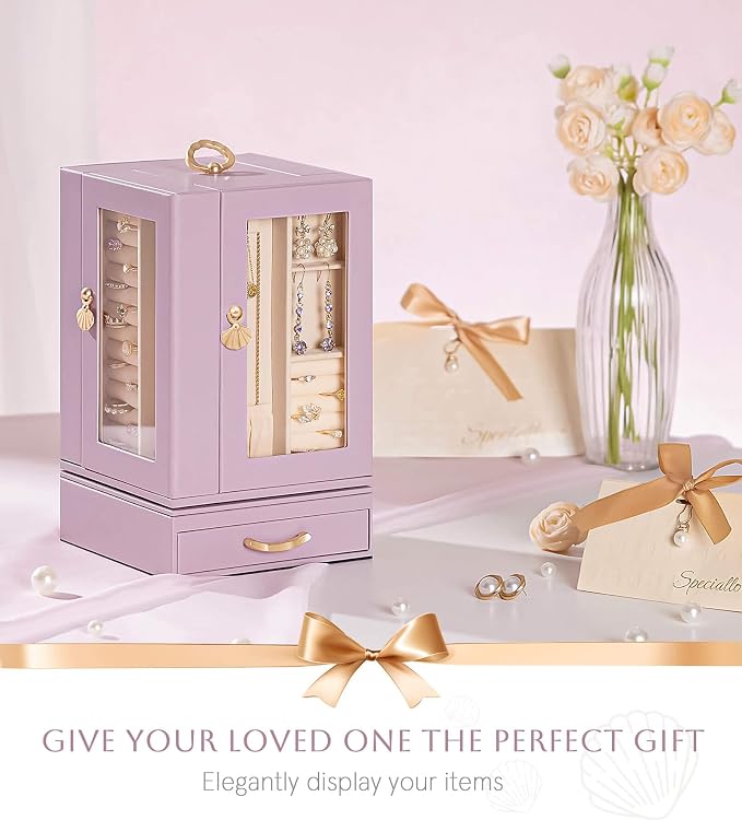 Enthralite Luxury Jewelry Box for Women: 360° Rotating with Clear Window | Compact Jewelry Storage with Drawer - Necklace Ring Organizer with Compartments - Elegant Earring Holder Display Great Gift