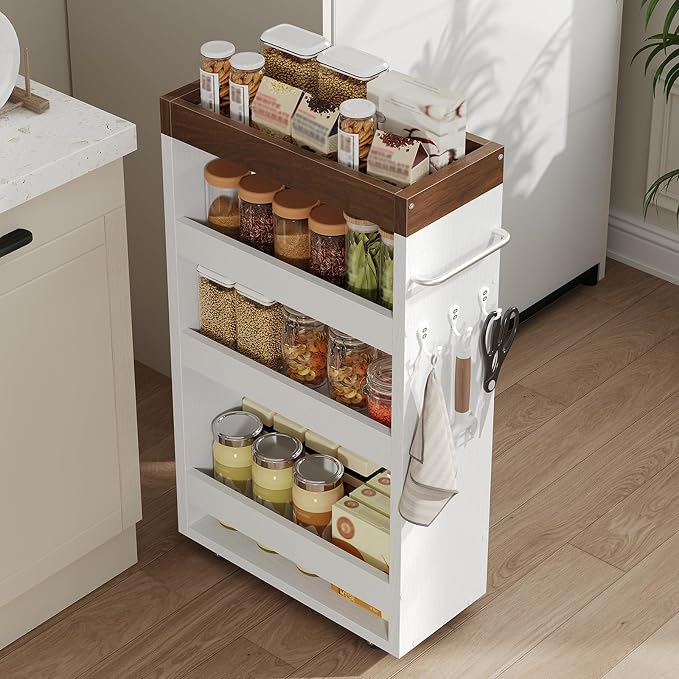 Slim Storage Cart, 4-Tier Rolling Utility Cart with Handle | Slide Out Organizer Trolley, Space Saving Narrow Shelf for Kitchen, Bathroom, Laundry Small Corners