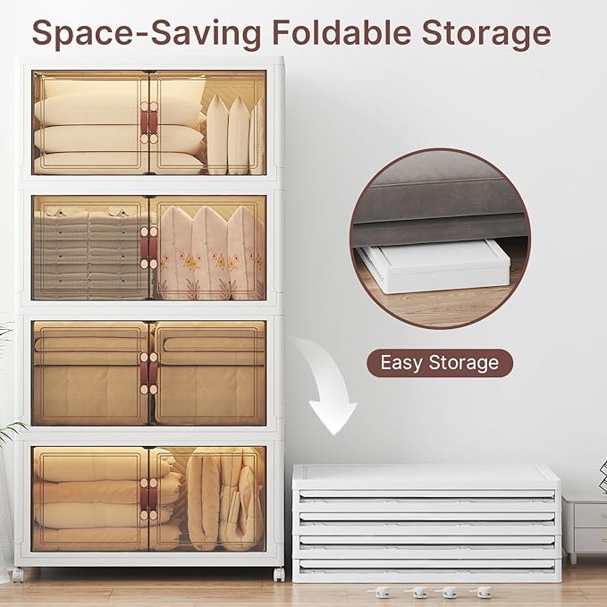 UAMFURI Stackable Storage Bins with Lids, 1440QT Lockable Storage Cabinet, Foldable Storage Box with Doors and Wheels, Plastic Drawers for Home, Garage, Office (8, White, Extra Large)