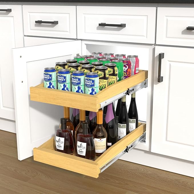 2 Tier Pull Out Cabinet Organizer, 11"W x 21"D Solid Wood Heavy-Duty Base Bottom Assembly Slide out Drawer Shel Cabinet Organization for Kitchen, Pantry, Bathroom
