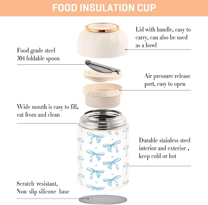 Blue Ribbon Bow Vacuum Insulated Food Jar with Spoon, 17oz Stainless Steel Hot Cold Lunch Container, Wide Mouth Leakproof Soup Thermo for Kids Adults