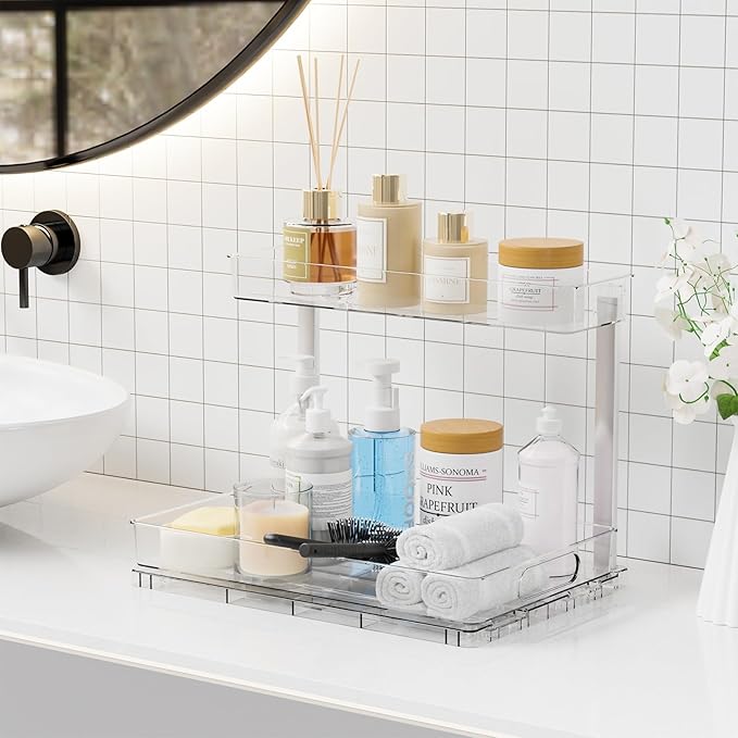 Yieach 2 Pack Under the Sink Organizer for Under Bathroom Sink,14.5″ Deep Sliding Inder Sink Organizer for Kitchen Cupboard,2 Tier Undersink Organizers for Vanity,Under Counter Storage Organization