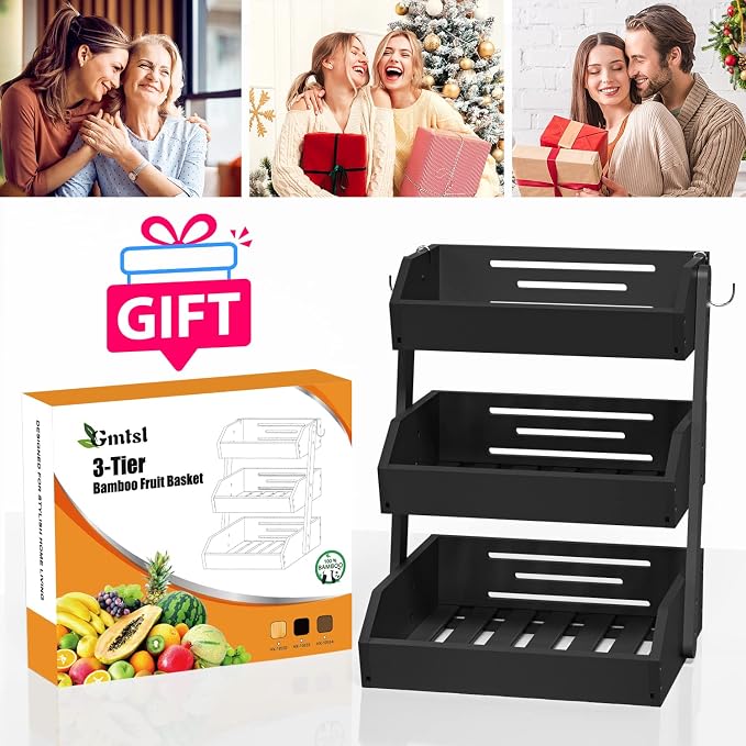 Gmtsl Bamboo Fruit Basket for Kitchen, Fruit Holder for Kitchen Countertop | 3 Tier Fruit bowl for Kitchen Counter, Fruit Stand, Vegetable Basket Storage, Produce Organizer, Bread Snack Display(BLACK)