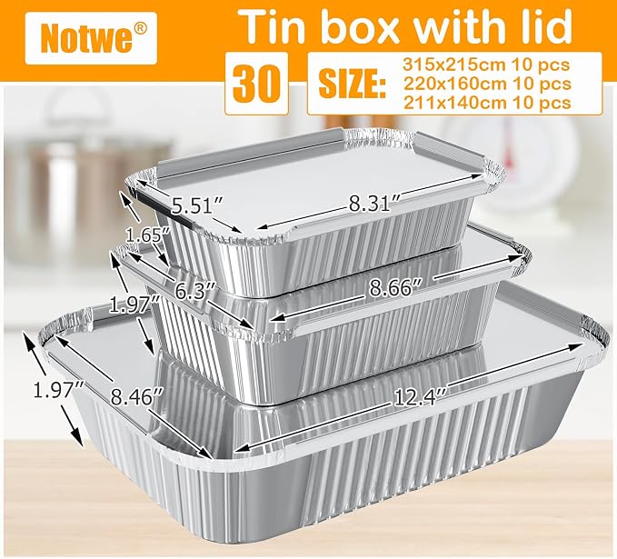 Notwoe® 40 Pack Disposable Aluminum Pans With Lids, 12x8 And 8x6 Square 8x5 6.9x4.3 Square Combo Set, Disposable Baking and Cake Pan. (40 Pack w/Lids)