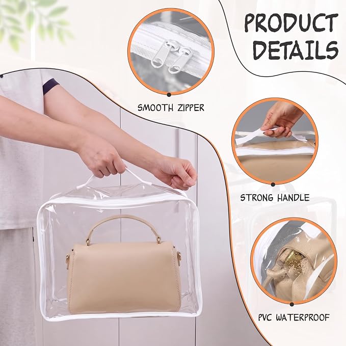 Hsei 12 Pcs Clear Dust Bags For Handbags 4 Sizes Fits Mini Wallet Oversized Tote Bags PVC Waterproof Purse Storage Organizer for Luxury Bag Soft Stand-Up with Zipper Handle for Closet Hanging (White)