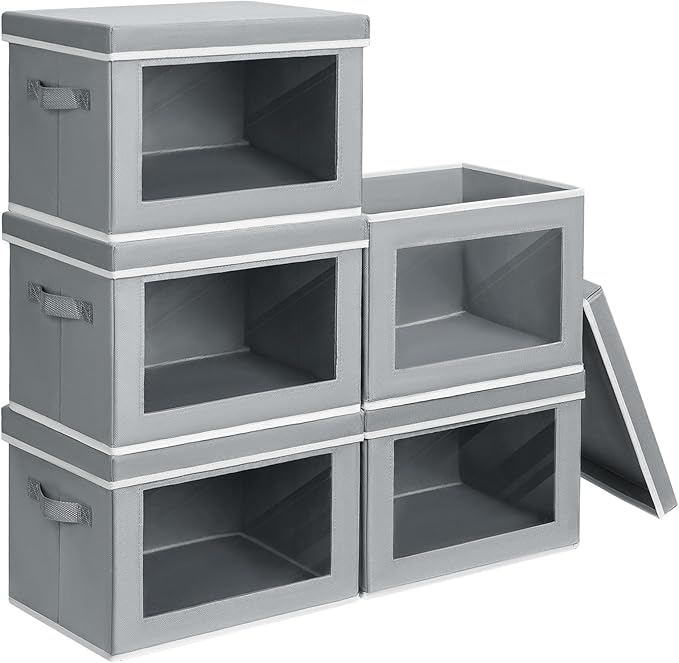 Homsorout Stackable Storage Bins with Lids - Medium Storage Box with Lids, Foldable Closet Boxes for Organizing, Wardrobe Clothes Organizer with Window, Cubes Bins for Living Room, 5 Pack, Grey
