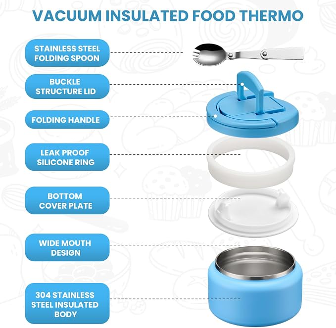 Itslife 13.5oz Vacuum Insulated Soup Thermo for Hot Food, Kids Lunch Container with Leakproof Buckle Lid, Wide Mouth Stainless Steel Food Jar with Spoon